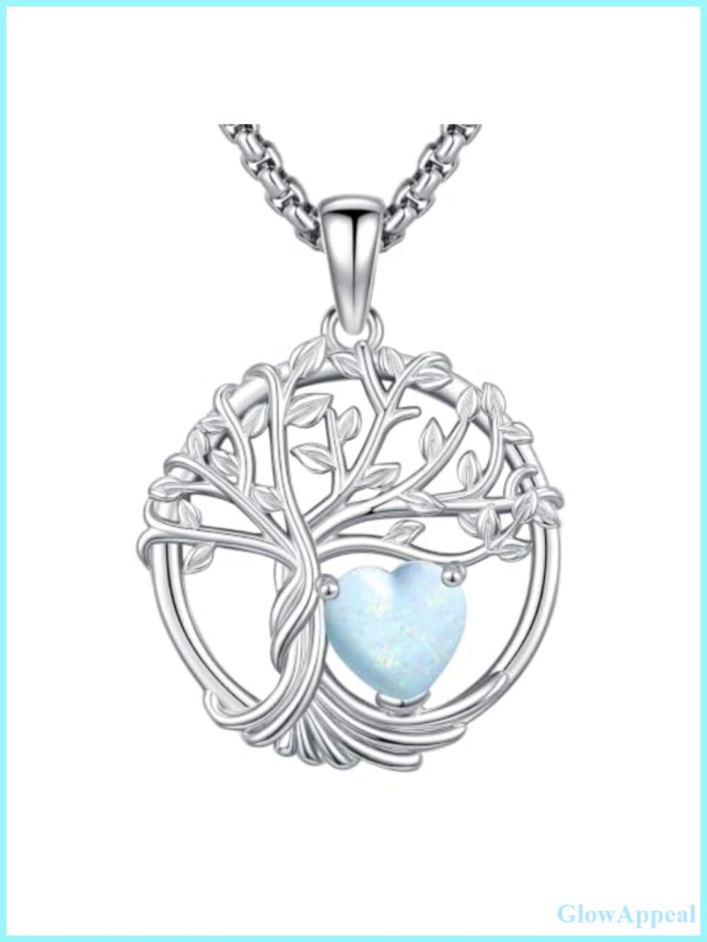 Tree of Life Heart White Opal Birthstone Pendant Necklace Sterling Silver Plated